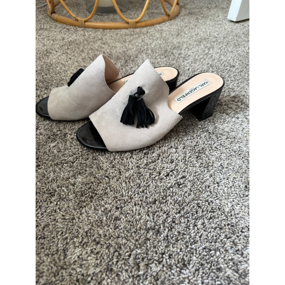 Karl Lagerfeld Paris Suede Tassel Mule Heels Gray Black Womens - Picture 2 of 6